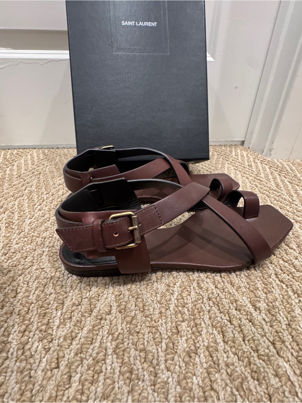 Saint Laurent Hiandra Brown Leather Gladiator Flat Sandals 38.5 EU w/ Box - Picture 5 of 9